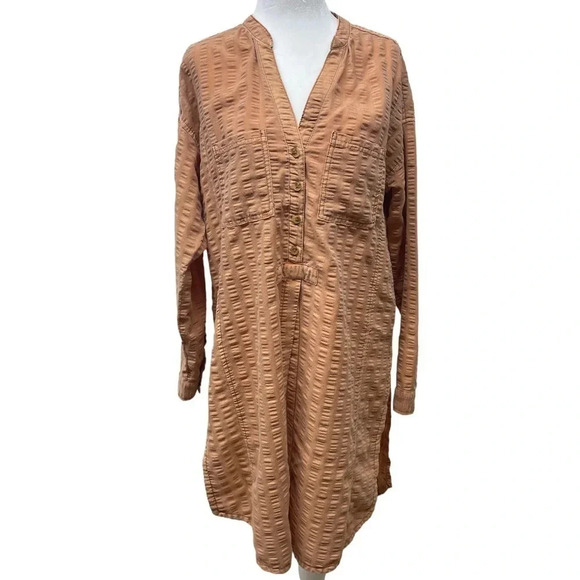Anthropologie Pilcro tunic coverup. Orange/beige seersucker. Split hem. Sz XS. - Picture 1 of 6